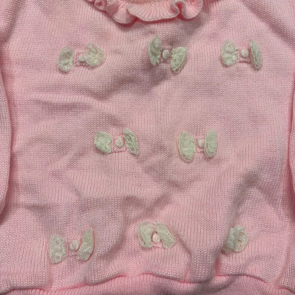 Vintage Tiny Town Pink Knit Ruffle Collar Sweater Lace Bows Kids Size 18 Months